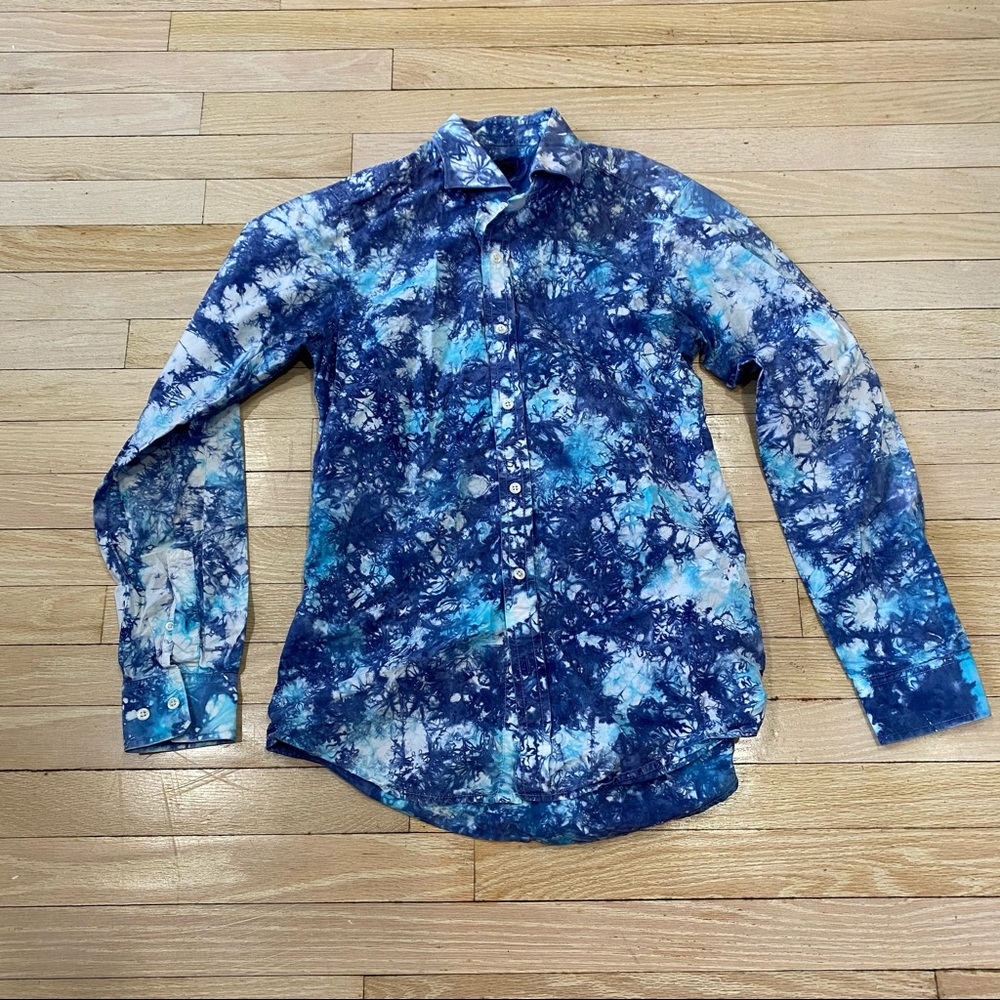“Made in Heaven” tie dye blue clouds casual button up shirt